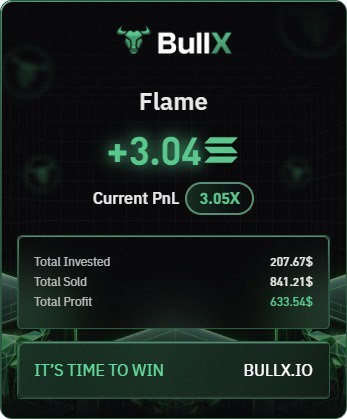 BullX card for Flame: +3.04 SOL, $633.54 profit on $207.67 invested