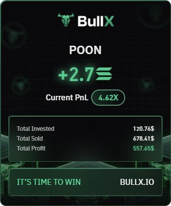 BullX card for POON: +2.7 SOL, $557.65 profit on $120.76 invested
